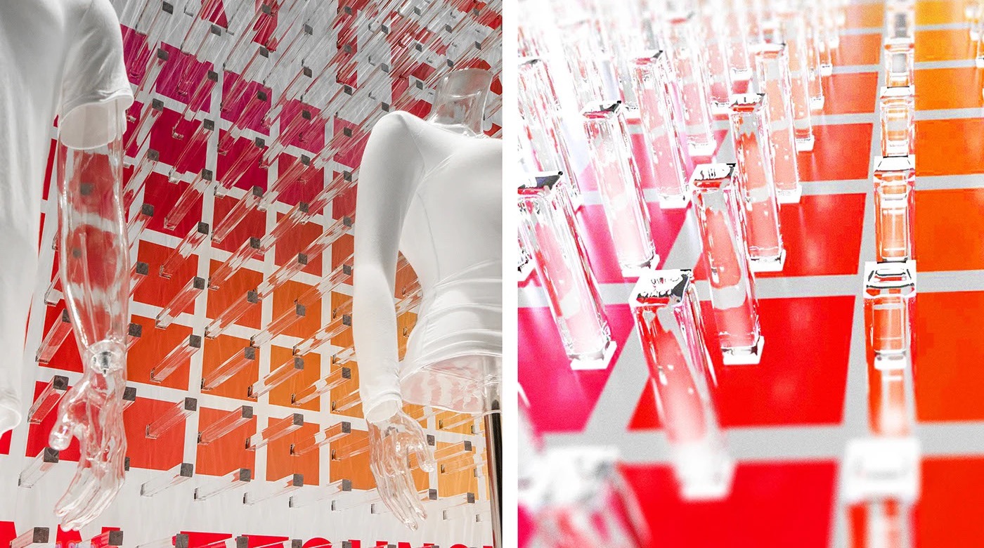 Acrylic grid installation in graded reds and oranges